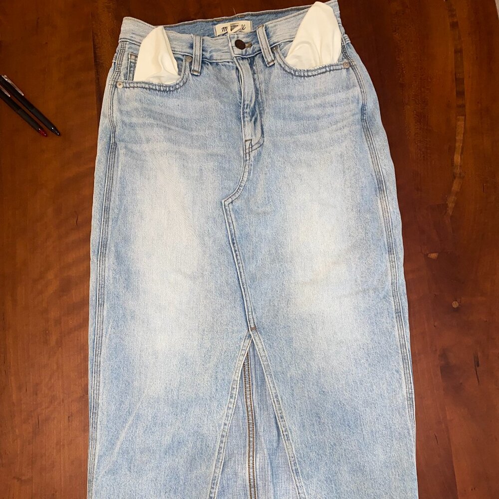 Madewell Light Wash Denim Midi Skirt with Front Slit